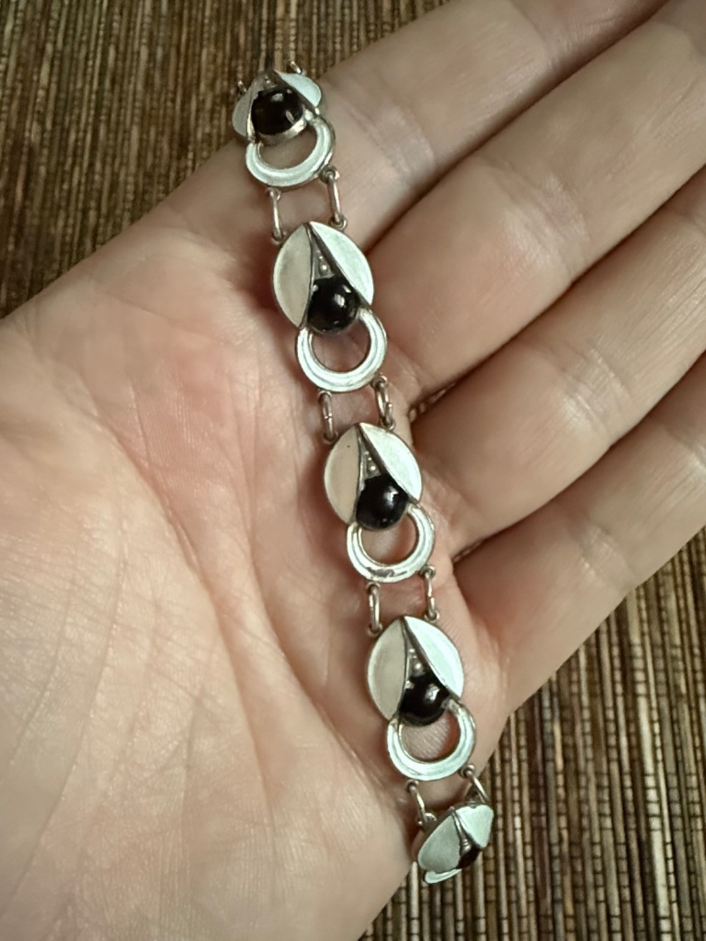 Ivar T Holth Norway Bracelet Sterling Silver Enamel Guilloche White Black Floral